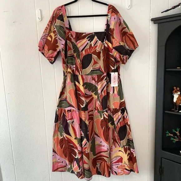 Crystal Sky Womens 3XL Dress Peasant Puff Sleeve Parrot Beachy Tropical Midi NEW - Picture 2 of 12